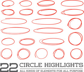 Red Hand Drawn Circles Rounds Bubbles Set Collection in Vector