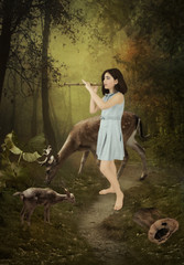 Little girl playing the flute in a forest surrounded by deers © nizhava1956