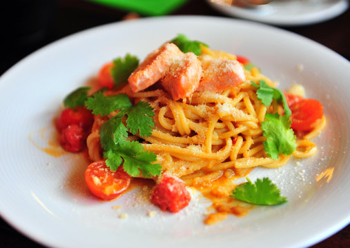 Italian pasta with salmon and cherry tomatoes