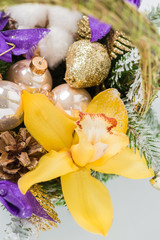 Close-up of Christmas basket with yellow Cymbidium orchid flower