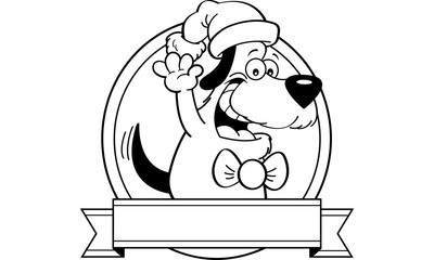 Black and white illustration of a dog with a banner.