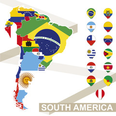 South America map with flags, South America map colored in with their flag. Vector Illustration.