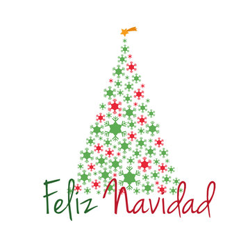 Ilustración de vector de Árbol de Navidad hecho con copos de nieve y texto Feliz Navidad en español