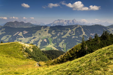 Leogang Mountains with highest peak Birnhorn idyllic summer landscape Alps, Austria