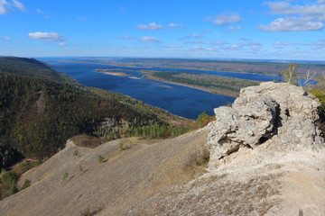 View from Strelnaya Mountain at Zhiguli Mountains and the Volga River against a blue sky