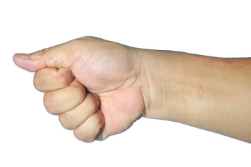 Hand show direction sign using thumb isolated on white