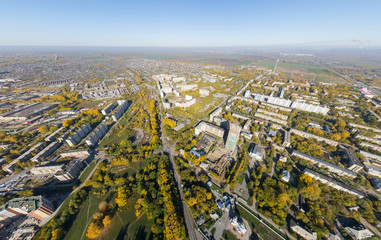 Aerial water power plant view with crossroads and roads, civil  buildings