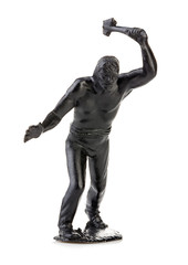 North American indian with tomahawk in his hand close-up isolated on white . Miniature figurine of...