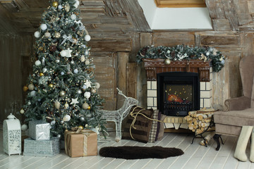 Christmas tree, new year, red balloons, Santa Claus, fireplace