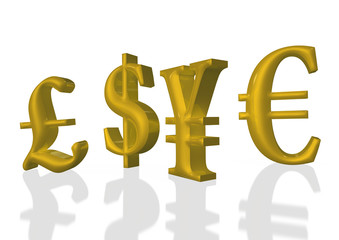 3D Rendering, Währungen, Euro, Yen, Dollar, Pfund Sterling