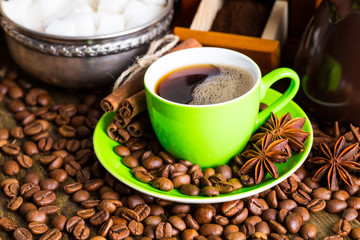 Coffee cup and saucer on a wooden table. Dark background, coffee