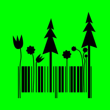 Barcode changing into forest shape - simple vector illustration on green background