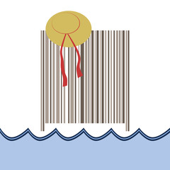 Summer composition with a bar code, which is used as a screen on which hangs a straw hat with a ribbon. At the bottom of the picture is stylized water where you can place text, for example.