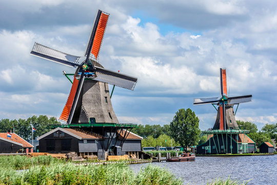 Traditional Dutch old wooden windmill. Zaanse Schans, Zaandam.