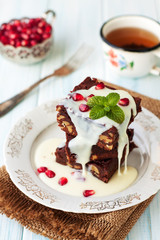 Brownies on wooden table