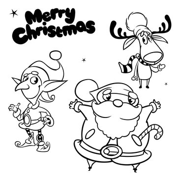 Outlined Laughing Santa Claus, reindeer Rudolph red nose and elf. Christmas characters