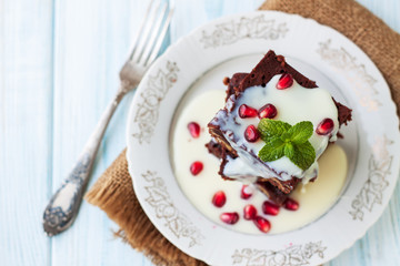 Brownies on wooden table