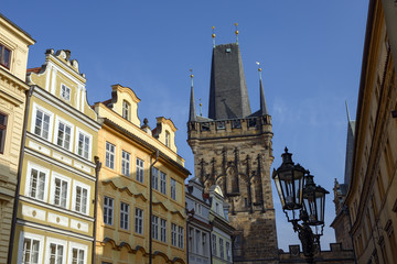 Tower of Charles Bridge on Lesser Town side in Prague.