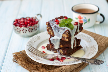 Brownies on wooden table
