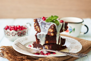 Brownies on wooden table