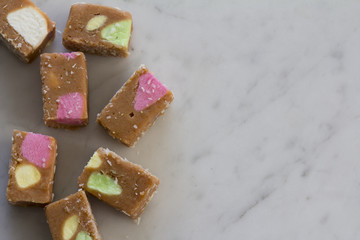 Lolly Cake on a Marble Bench with Copy Space from Above