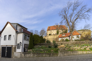 Fototapeta na wymiar Street view of Hornburg, a old medieval town in Lower Saxony located on the German Timber-Frame Road.