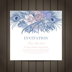 Vintage elegant wedding invitation with flowers. Invitation card