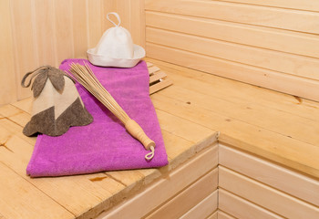 Fototapeta na wymiar Sauna accessories in steam room