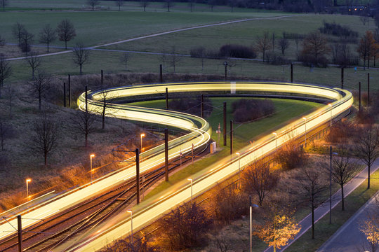 Light trace from the city tram at a final stop in Hanover