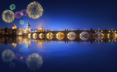 Charles Bridge and beautiful fireworks in Prague at night - obrazy, fototapety, plakaty