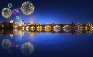 Poster Charles Bridge and beautiful fireworks in Prague at night © boule1301