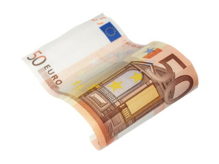 flying 50 euro bill in wave shape isolated with clipping path 