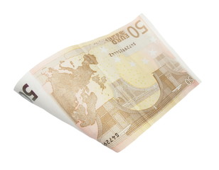 flying 50 euro bill in wave shape isolated with clipping path