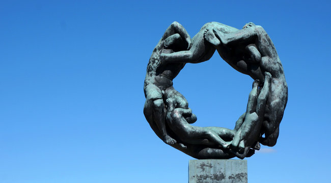 life circle in Vigeland Park Frogner Park Oslo city Norway in blue sky, human, team work, beauty, strength 