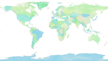 Fototapeta premium Mapa świata, rysowane ilustrowane pociągnięcia pędzlem, granice państw