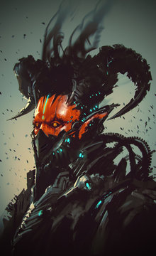 futuristic character,robotic demon,illustration painting