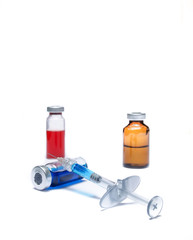 Injection ampule and disposable syringe show medicine concept