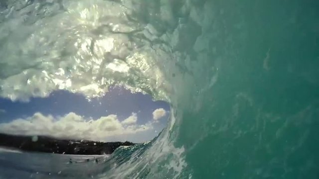 POV Surfing View Of Empty Ocean Wave Crashing. View from in the Barrel. Extreme Sport Slow Motion HD GOPRO