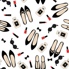 Seamless fashion accessories pattern. Cute fashion illustration with black shoes, red lipstick, nail polish, perfume, sunglasses.