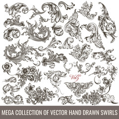 Fototapeta premium Collection of vector hand drawn flourishes in engraved style. Me
