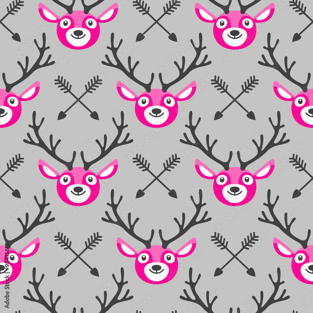 Poster hipster seamless pattern with deer and arrows.