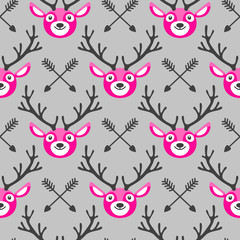 Hipster seamless pattern with deer and arrows. 