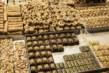 Baklava and sweet pastries for sale in the spice market, Istanbu