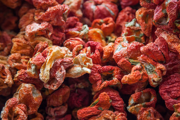 Strings of dried vegetables: red peppers, bell peppers, capsicum