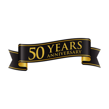 Simple Black Gold Ribbon Anniversary Logo 50
