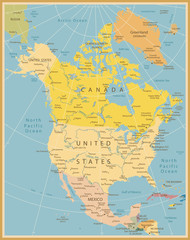 North America Detailed Map Vintage Colors