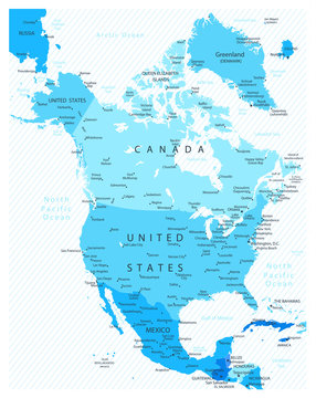 North America Detailed Map Blue Colors
