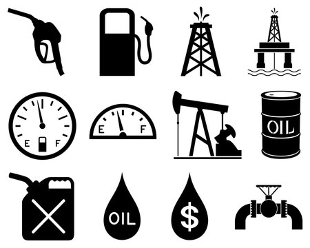 Vector illustration of a set of black and white icons representing the oil and gas industry.