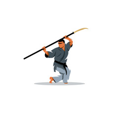 Naginatajutsu Japanese Samurai martial arts master with Naginata. Vector Illustration
