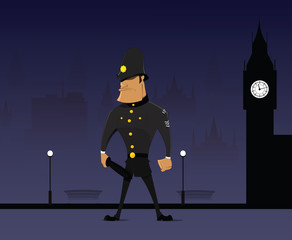 Traditional English bobby in helmet and black uniform. Vector image